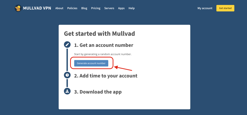Mullvad VPN Step generate account number